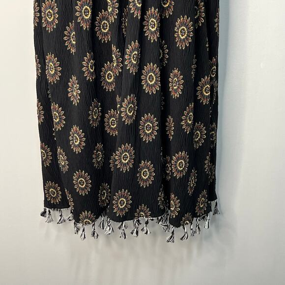 POL Boho Peasant Black Floral Artisan Midi Dress Cinched Waist Tassels Indie M - Picture 13 of 14